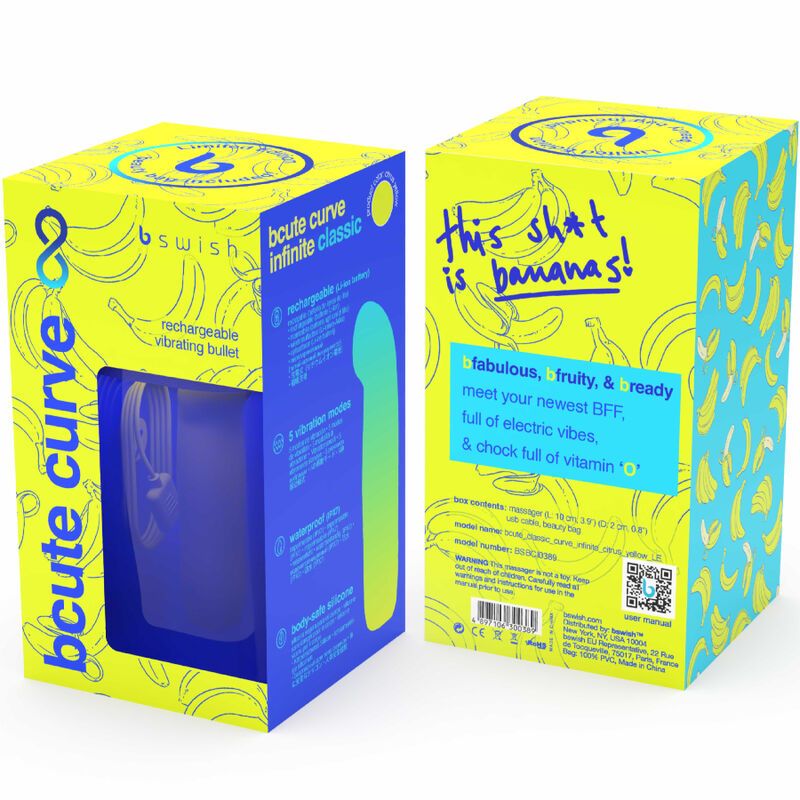 Verpackung mit gelbem und blauem Design. Enthält einen Vibrator in einer blauen Hülle. Auf der Verpackung steht 'This shit is bananas!'