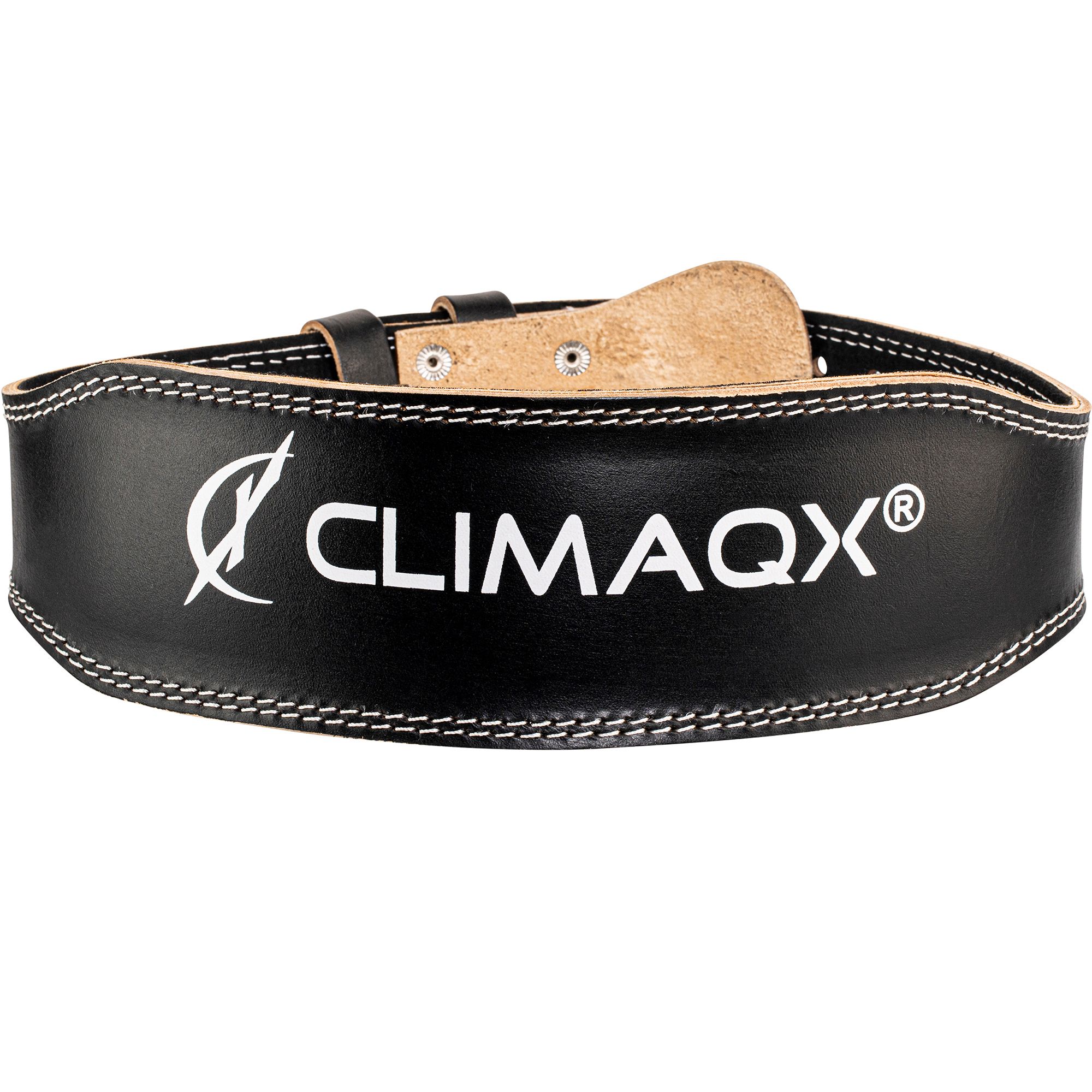 Schwarzer CLIMAQX Power Belt. Leder mit weißen Nähten. Großes Logo auf der Außenseite. Schnalle und Lochreihe.