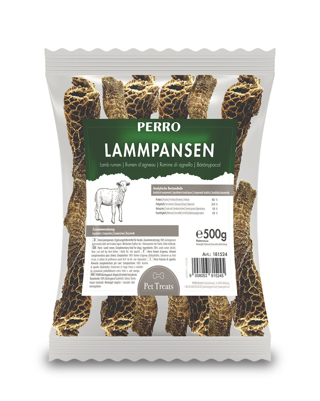 Verpackung mit PERRO Lammpansen. Sichtbar sind getrocknete, braune Kausnacks. Aufdruck: Produktname, Inhaltsstoffe, Gewicht 500g, Art.-Nr. 181524.