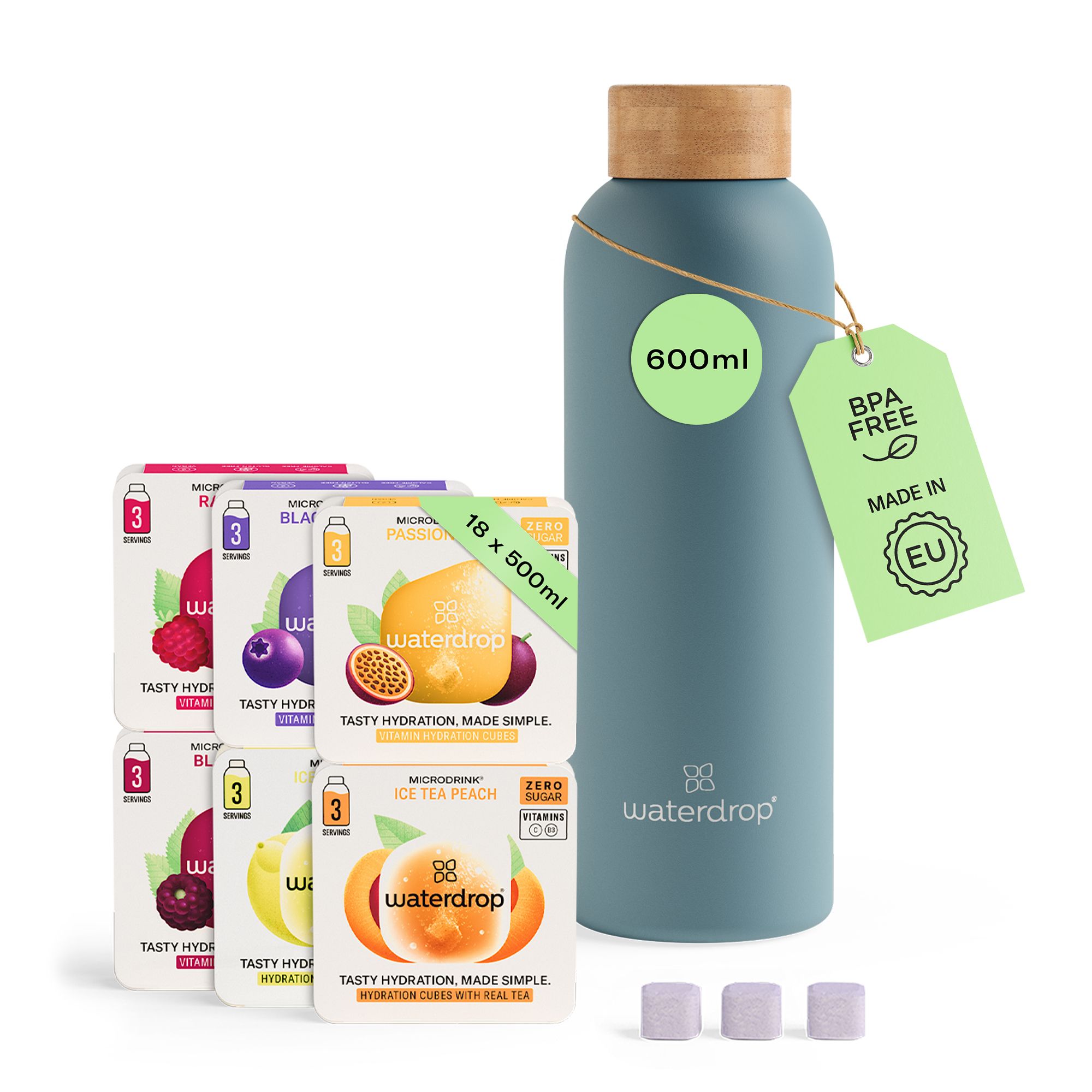 waterdrop® Starter Set Steel – 600ml Thermoflasche + 18 Würfel – Vitamine, vegan, zuckerfrei