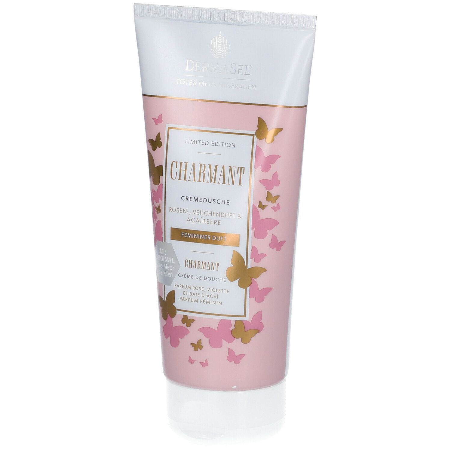 Rosa Tube mit goldfarbenen Schmetterlingen und Schriftzug CHARMANT. Creme-Dusche, Limited Edition.