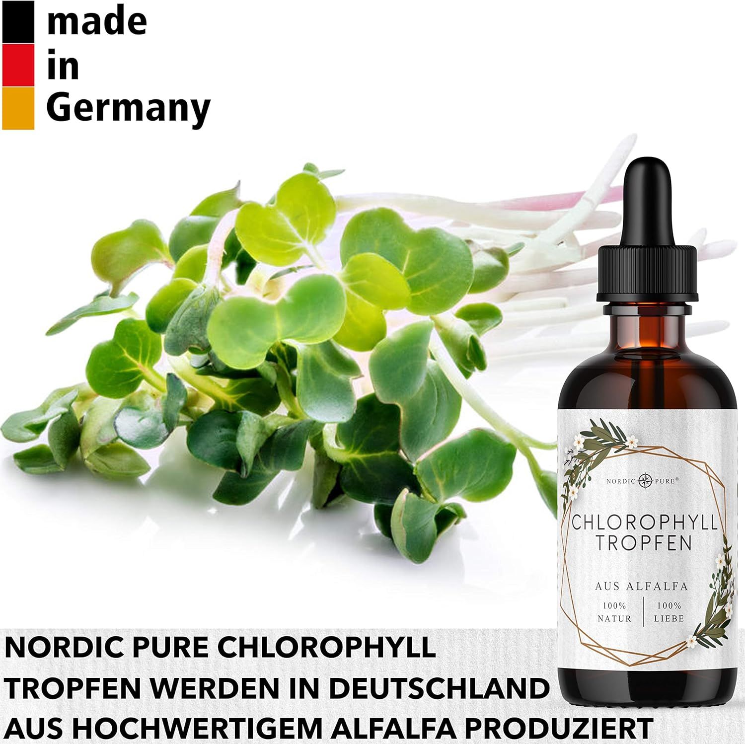 Braune Glasflasche mit Tropfer neben frischen Sprossen. Text in deutscher Sprache. Flagge von Deutschland.