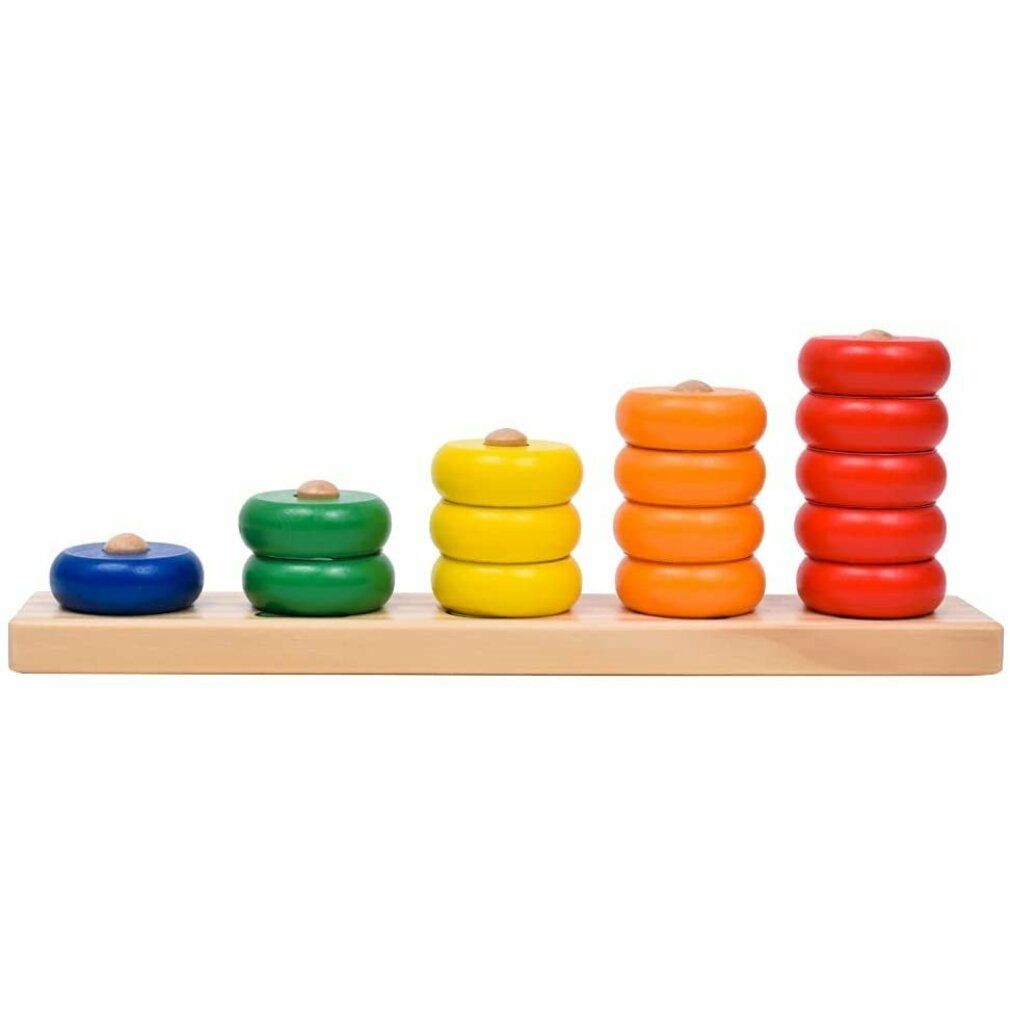 Holzpuzzle mit farbigen Ringen auf Holzbrett. Ringe: blau, grün, gelb, orange, rot. Keine Ziffern.
