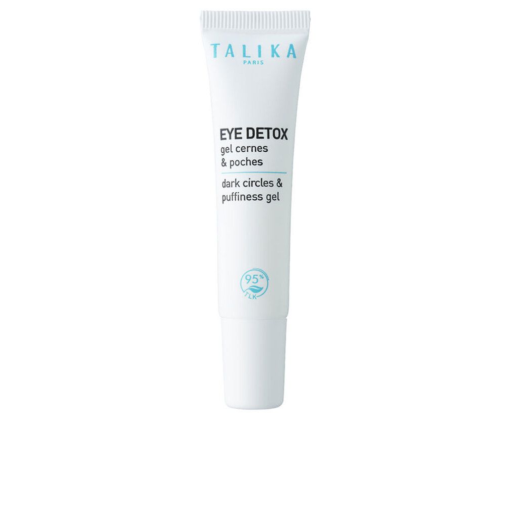 Weißes Tube mit blauer Schrift. Enthält Eye Detox Gel. Marke: Talika.