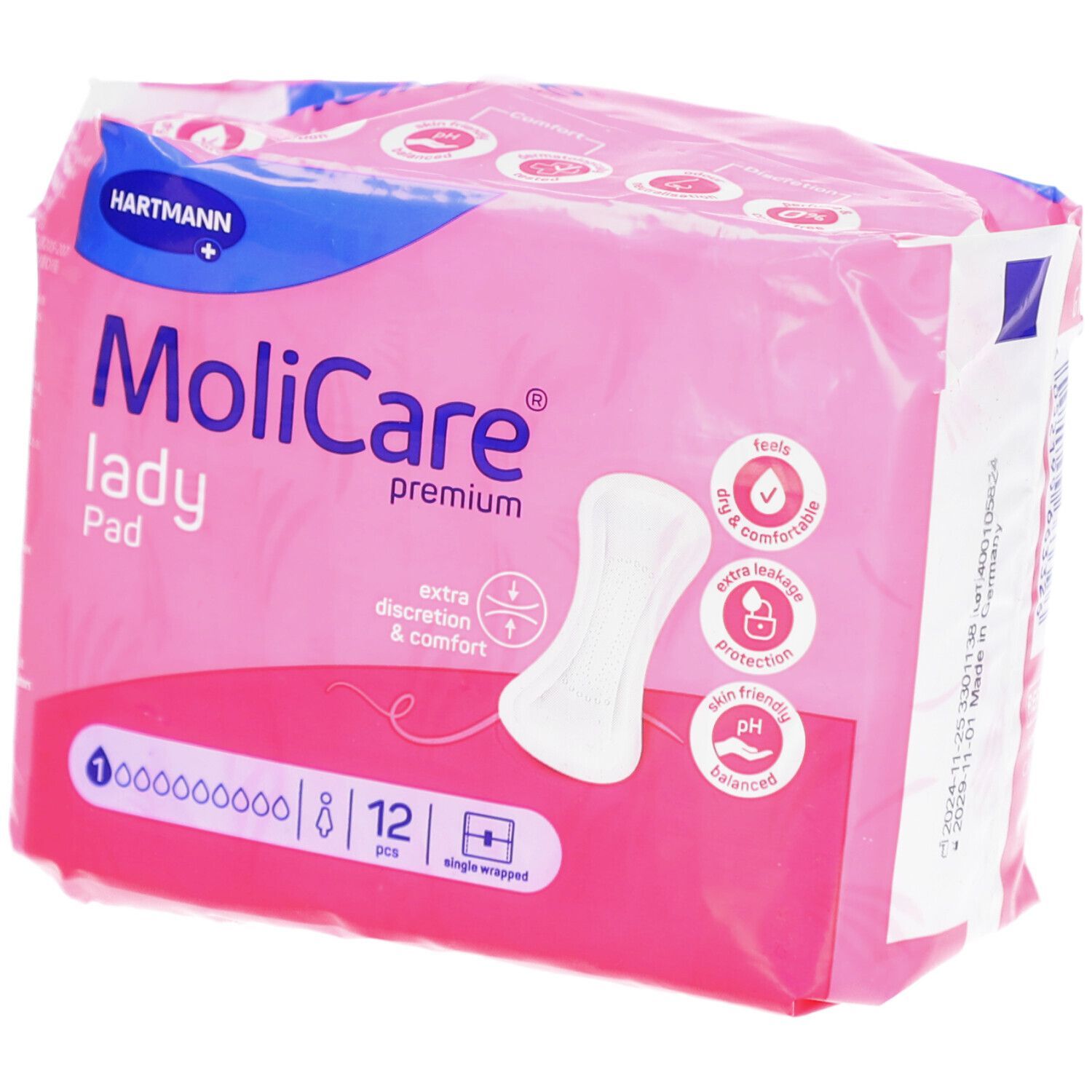 Rosa Verpackung von MoliCare® premium lady Pad. 12 Stück. Einzeln verpackt. Hartmann Logo. Aufdruck: extra diskret & komfort.