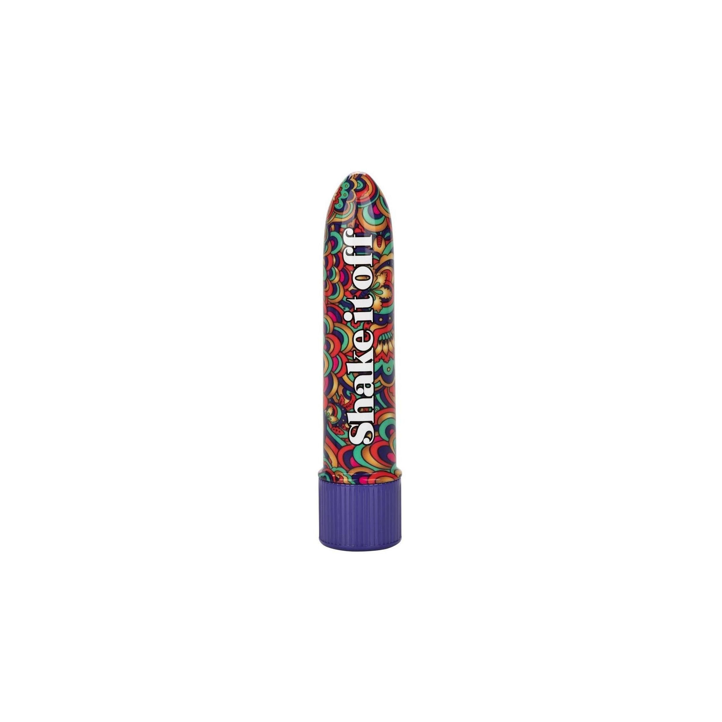 Mini-Vibrator mit buntem Muster. Lila Basis. Aufschrift "Shake It Off".