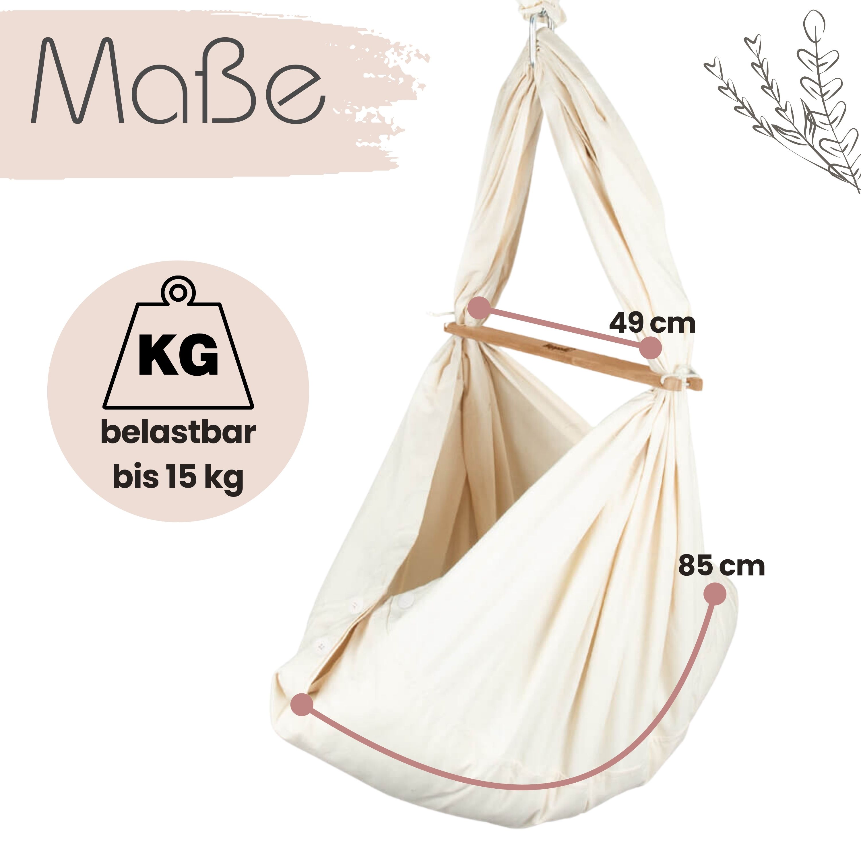 Federwiege, cremefarbenes Tuch, Holzstange. Maße: 49 cm breit, 85 cm hoch. Belastbar bis 15 kg. Text.
