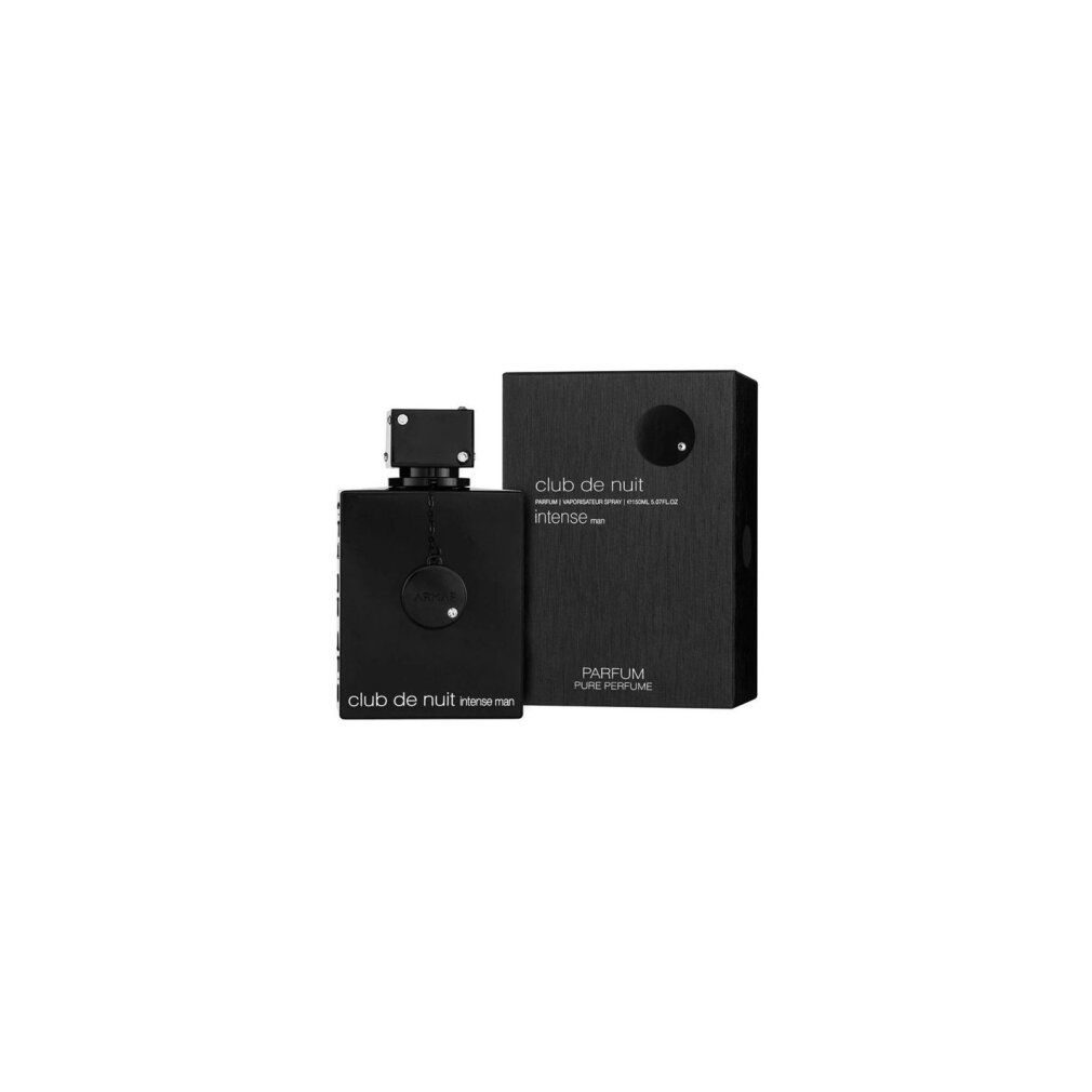 Schwarzer Flakon und Verpackung. Aufschrift: Club de Nuit Intense Man. Schwarze Schachtel.