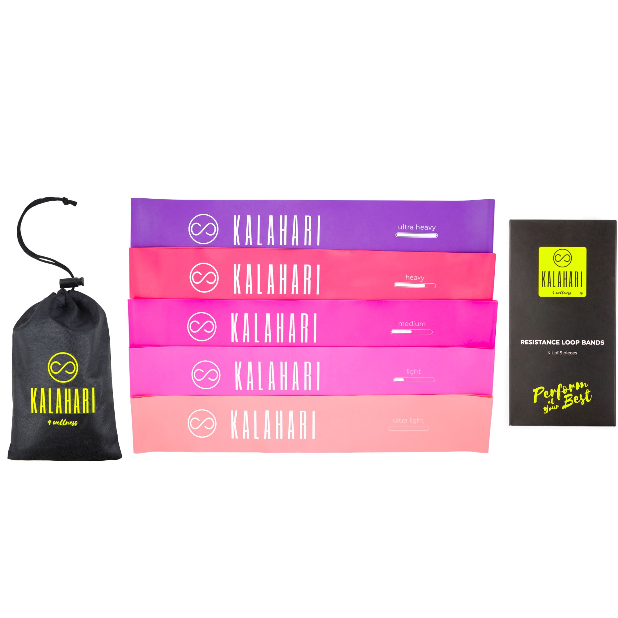 Fünf KALAHARI Fitnessbänder, schwarze Tasche, schwarze Box mit Produktnamen und Logo.