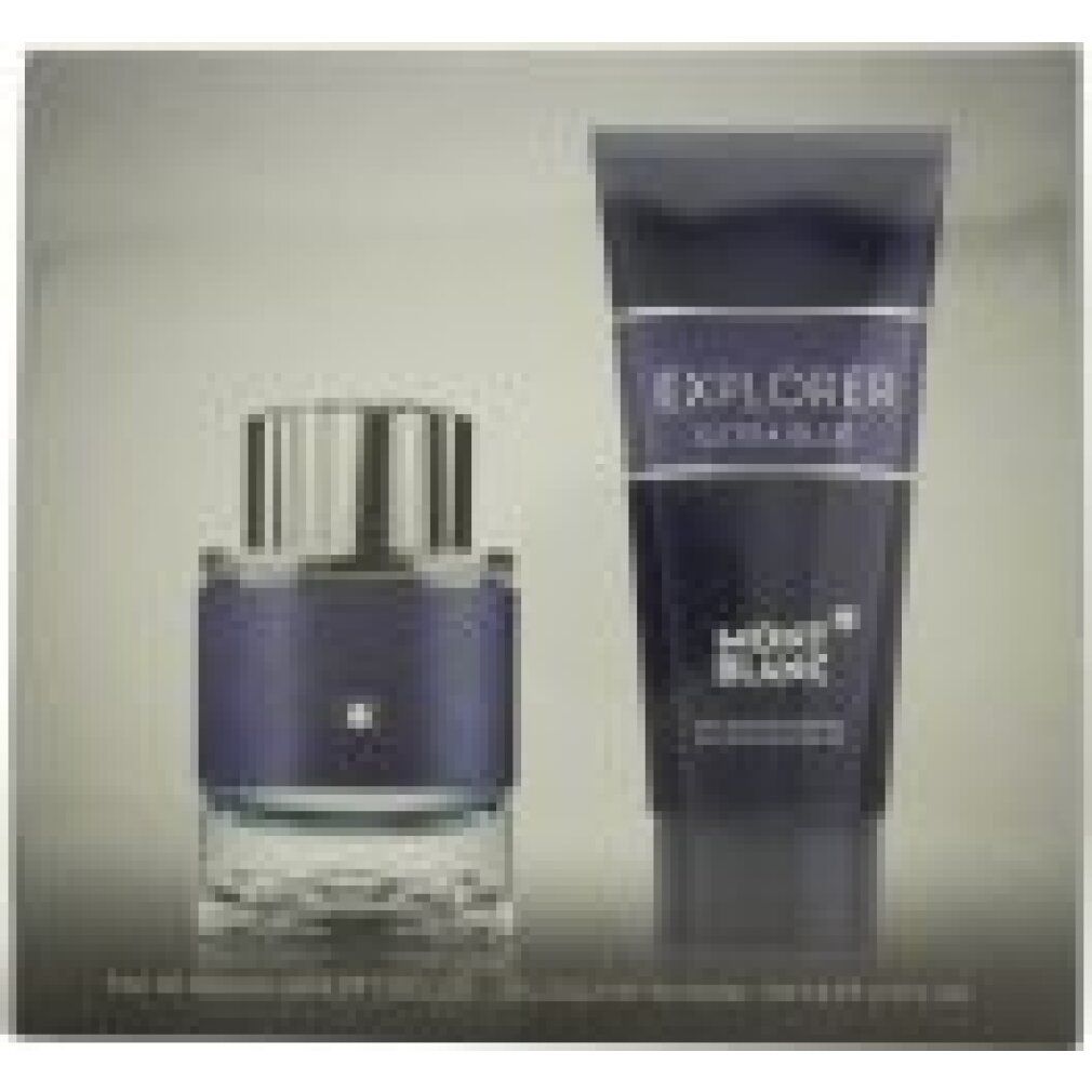 Geschenkset mit Flakon und Duschgel. Flakon mit silberner Kappe und blauer Hülle. Duschgel in blauer Tube. Text: Explorer Ultra Blue, Mont Blanc.