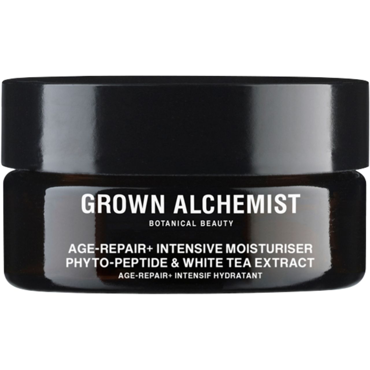 Dunkles Glas mit weißem Schriftzug. Aufschrift: Grown Alchemist, Age-Repair+ Intensive Moisturiser.