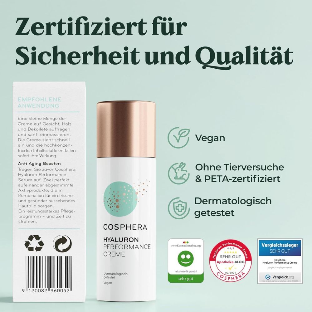 Cosphera Hyaluron Performance Creme und Verpackung. Text: Empfohlene Anwendung. Vegan, ohne Tierversuche, dermatologisch getestet. Zertifizierungen.
