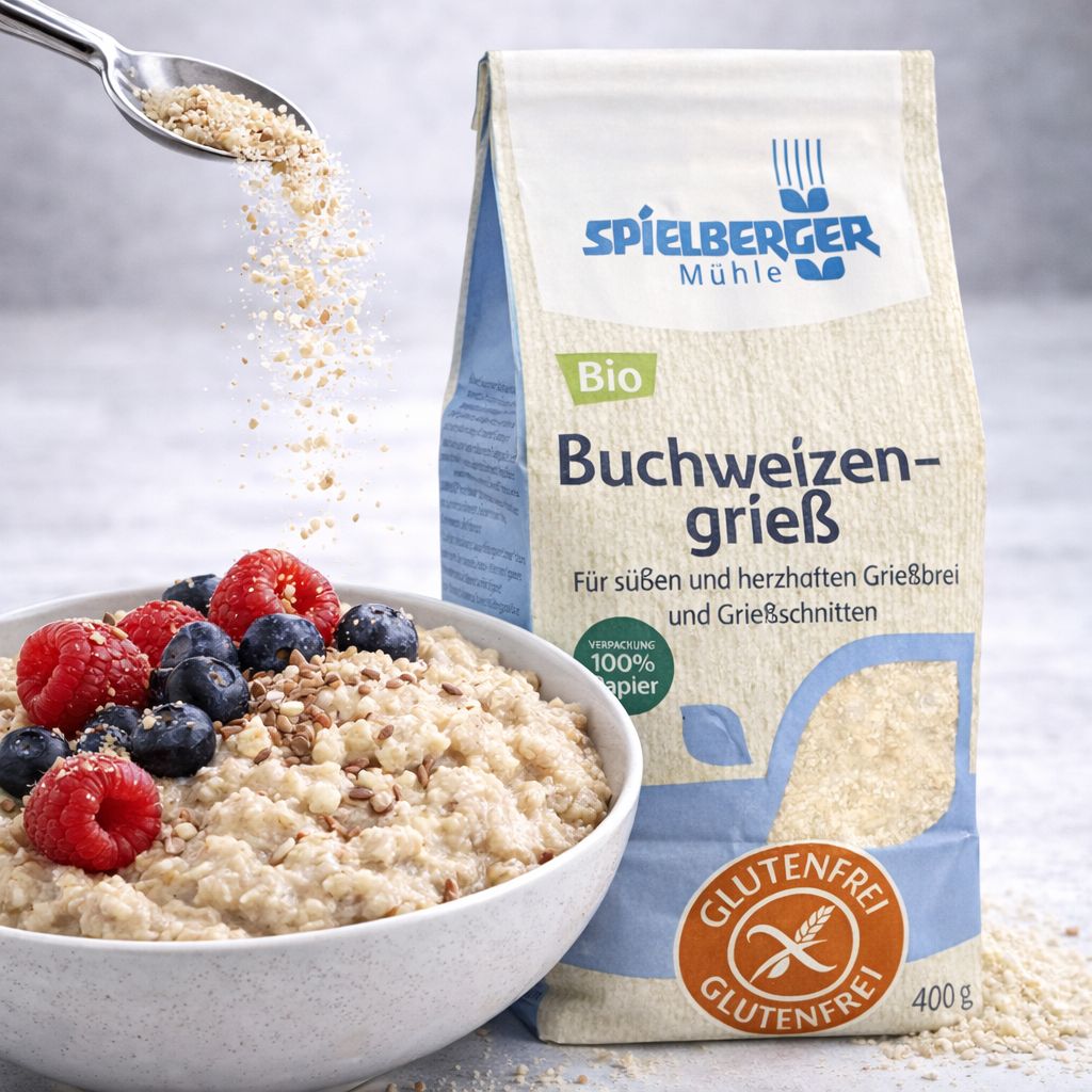 Spielberger Buchweizengrieß Bio, glutenfrei, 400g Packung mit Schale Grießbrei und Beeren.