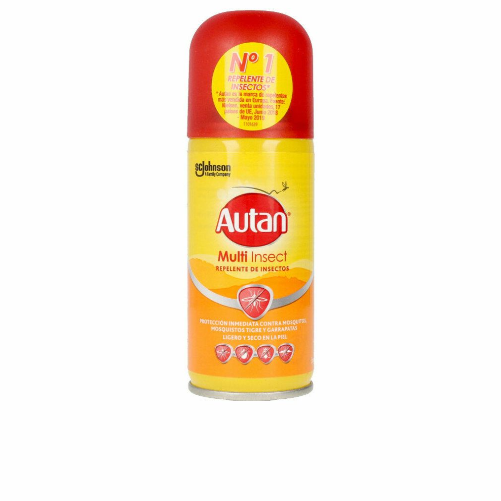 Autan Multi Insect Spray. Gelbe Dose mit rotem Deckel. Enthält Text und Logo.