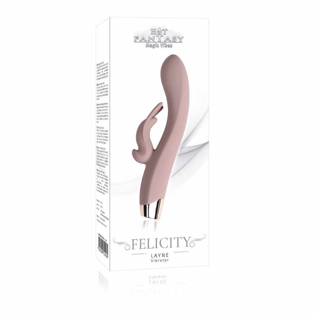 Rosa Vibrator mit Hasenohren in Verpackung. Verpackung mit Produktname und Logo. Goldfarbener Sockel.