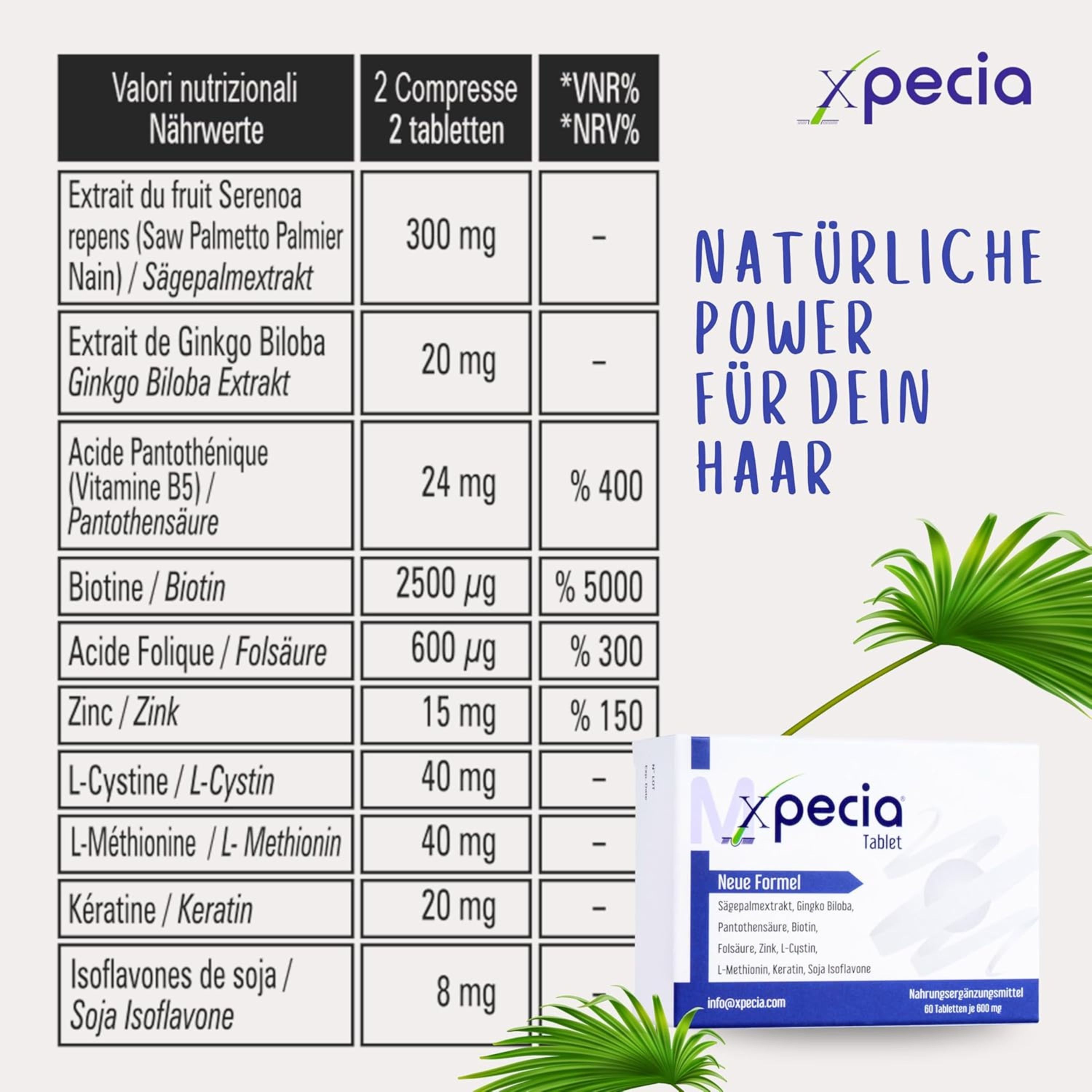 Nährwerttabelle. Inhaltsstoffe: Sägepalmenextrakt, Ginkgo Biloba, Biotin, Zink, L-Cystin, L-Methionin, Keratin. Tablettenbox.