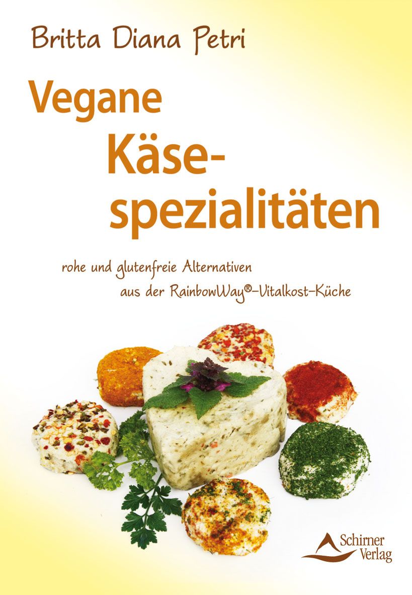 Buchcover mit dem Titel "Vegane Käsespezialitäten". Gezeigt werden verschiedene vegane Käsesorten.