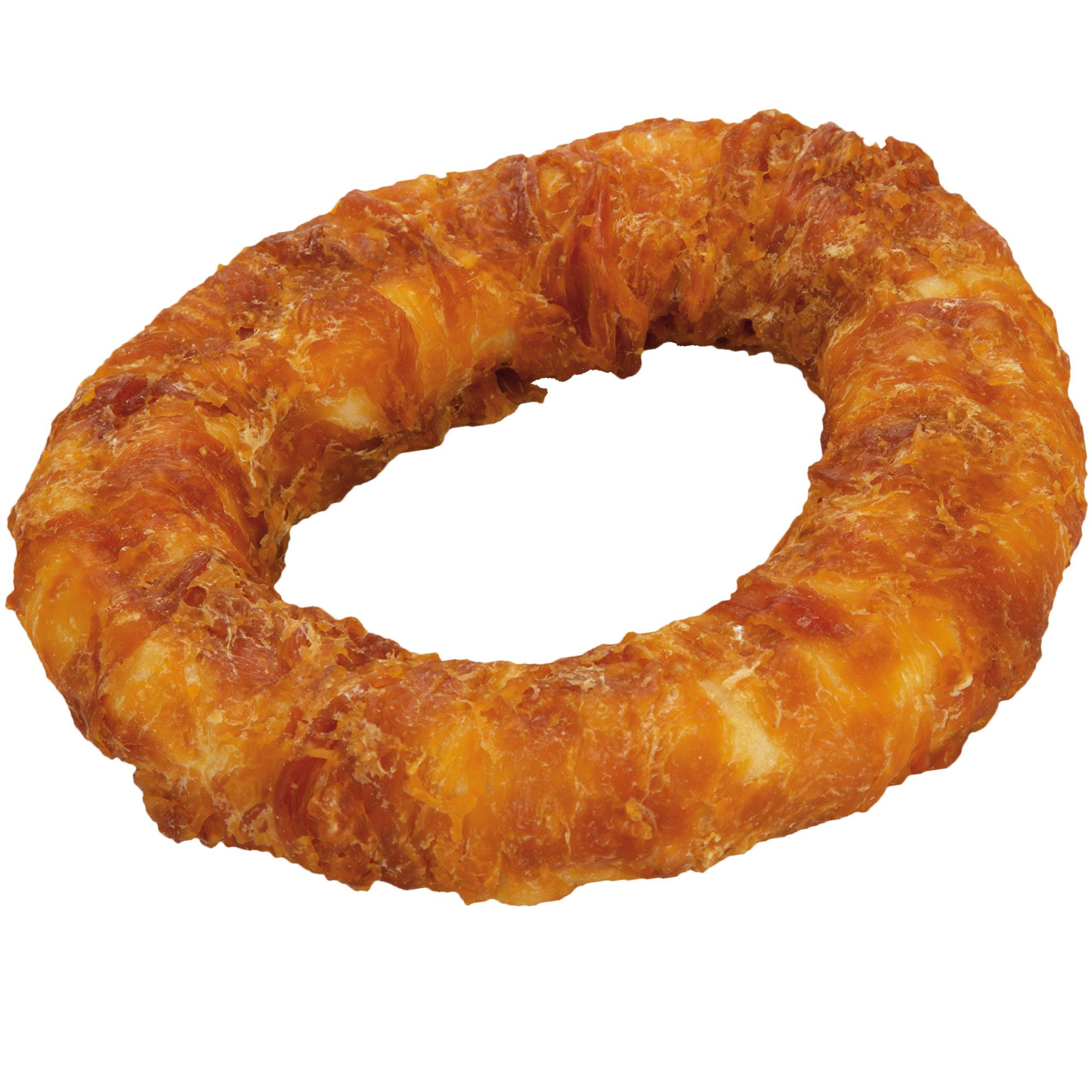 Ein Kauring mit Huhn. Ringförmig, goldbraun, mit hellem Kern. Auf weißem Hintergrund.