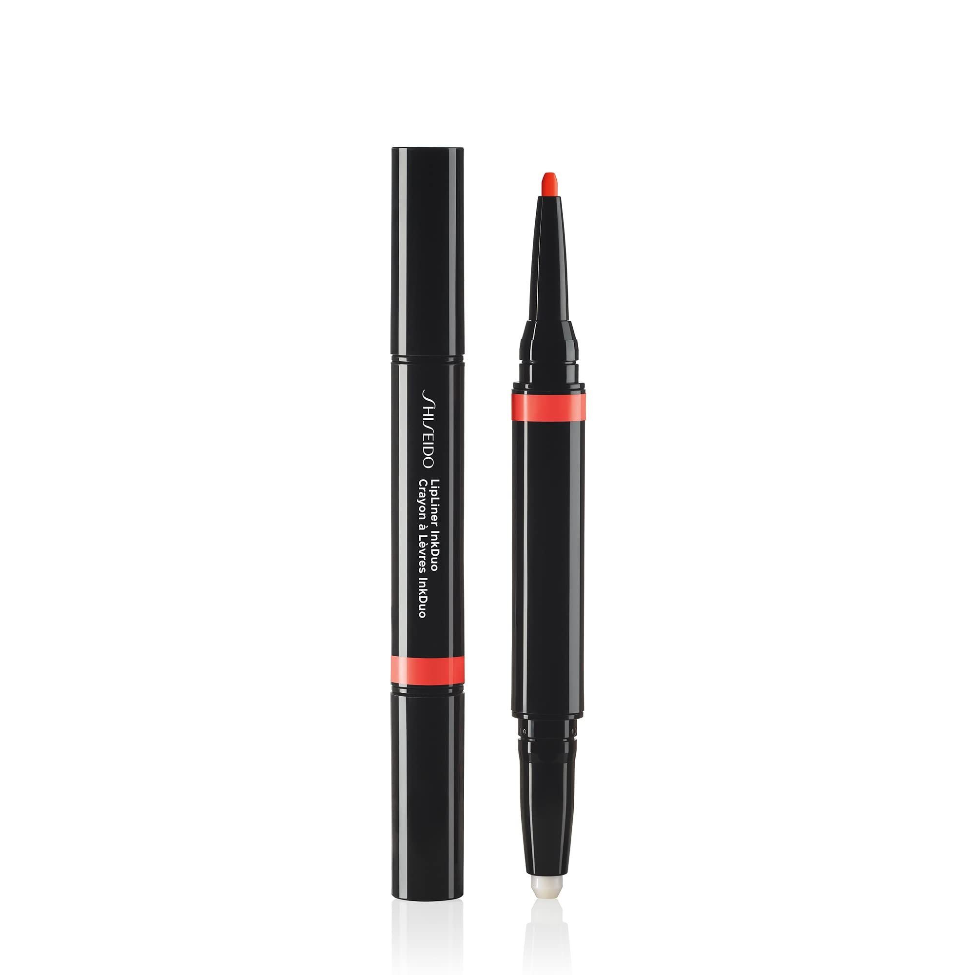 Doppel-Lippenstift, schwarz, mit orangefarbenem Akzent. Ein Ende ist ein Stift, das andere ein Applikator. SHISEIDO-Logo.