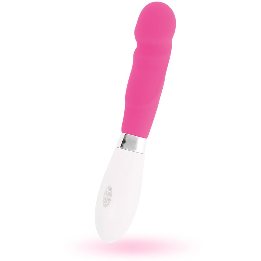 Weiß-pinkfarbener Vibrator. Oberteil pink, Unterteil weiß. Silberner Ring. Auf der Unterseite befinden sich Knöpfe.
