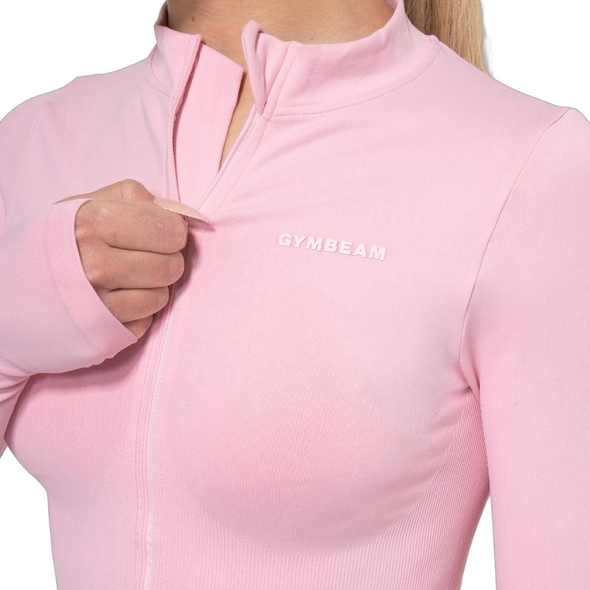 GymBeam Sport-Top Damen Slim-Fit Langarm mit Reißverschluss Baby Pink