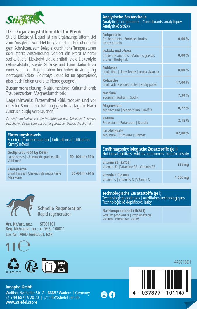 Rückseite einer Produktverpackung. Text: Stiefel Elektrolyt Liquid. Enthält analytische Bestandteile und Zusatzstoffe. Angaben zu Fütterungsempfehlung und Inhaltsstoffen.