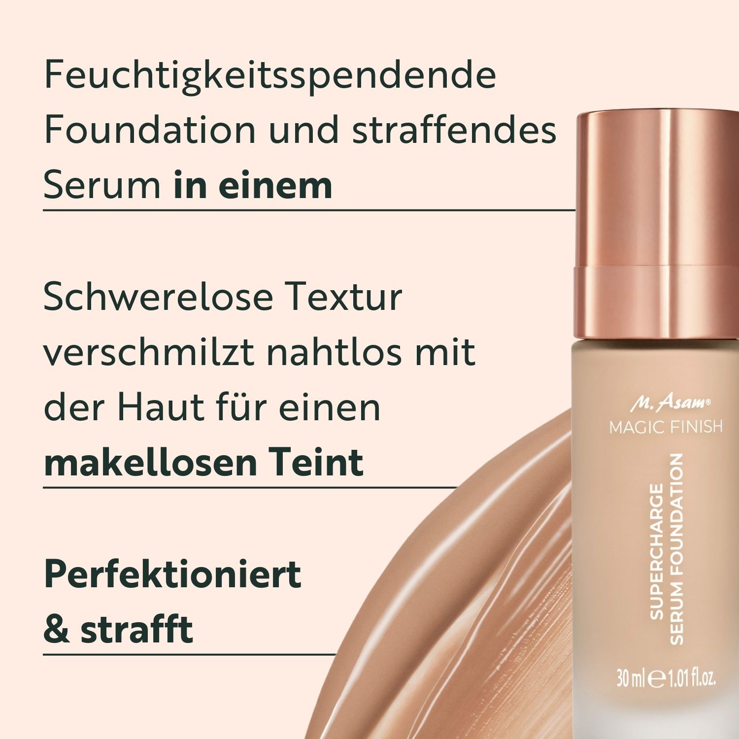 Text mit Produktinformationen. Feuchtigkeitsspendende Foundation und straffendes Serum. Schwerelose Textur. Perfektioniert & strafft.