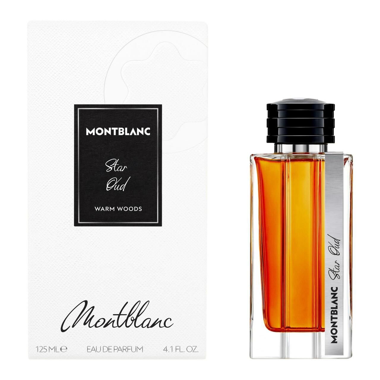Montblanc Star Oud Parfümflakon und Verpackung. Rechteckige Glasflasche mit schwarzem Verschluss. Weiße Verpackung mit Logo und Produktnamen.