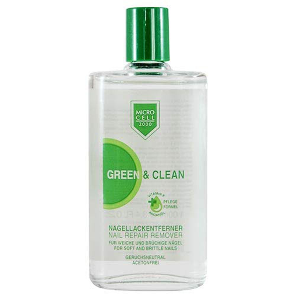Transparente Flasche mit grünem Deckel. Aufschrift: Micro Cell 2000, Green & Clean, Nagellackentferner. Enthält Vitamin E. Acetonfrei.
