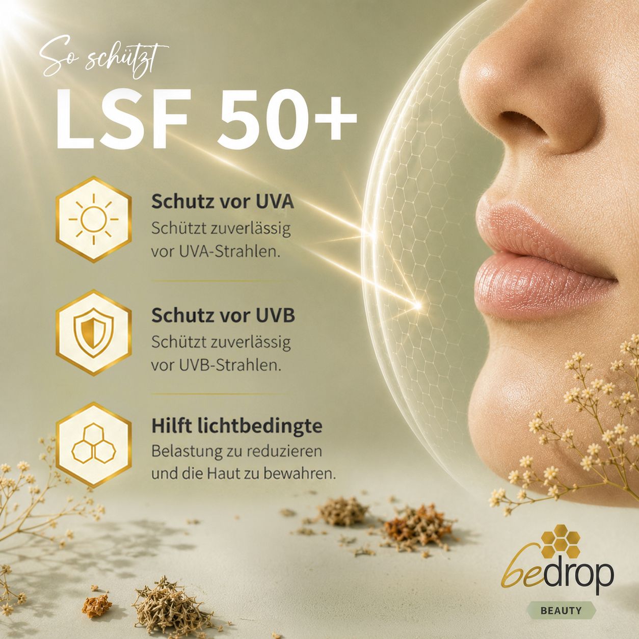 Lippenpflegebalsam mit LSF 50+, Gelée Royale, Vitamin A & Vanilleduft. Weiße Tube mit goldfarbenem Deckel. Rosa Produkt auf rosa Untergrund.