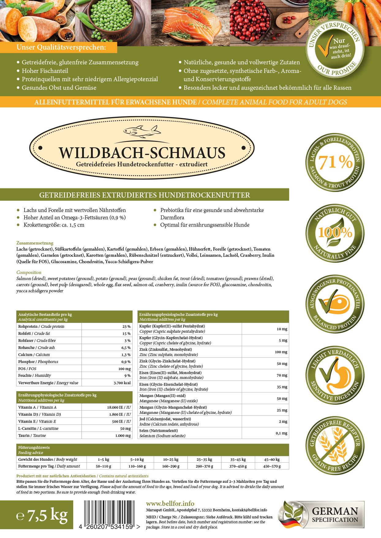 Bellfor Trockenfutter für Hunde mit Wildlachs und Bachforelle Getreidefrei - Wildbach-Schmaus