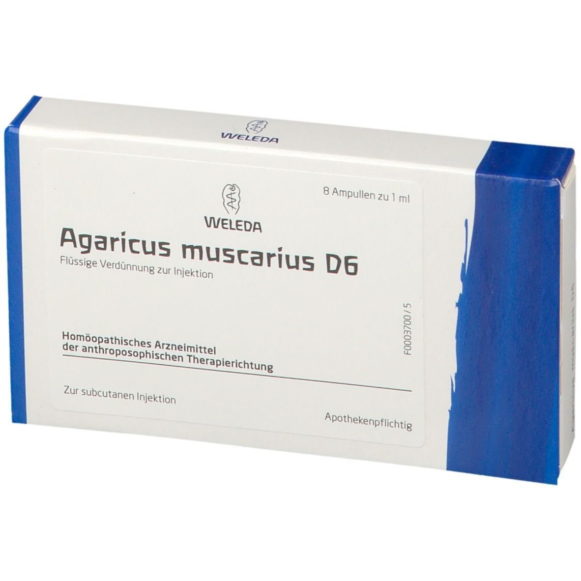 Weleda Agaricus muscarius D6. Weiße Schachtel mit blauen Akzenten. Text: Agaricus muscarius D6, 8 Ampullen, 1 ml.