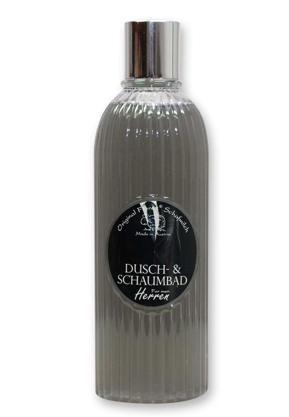 Geriffelte Flasche mit silbernem Verschluss. Schwarzes Etikett mit Text: Dusch- & Schaumbad Herren, mit Logo.