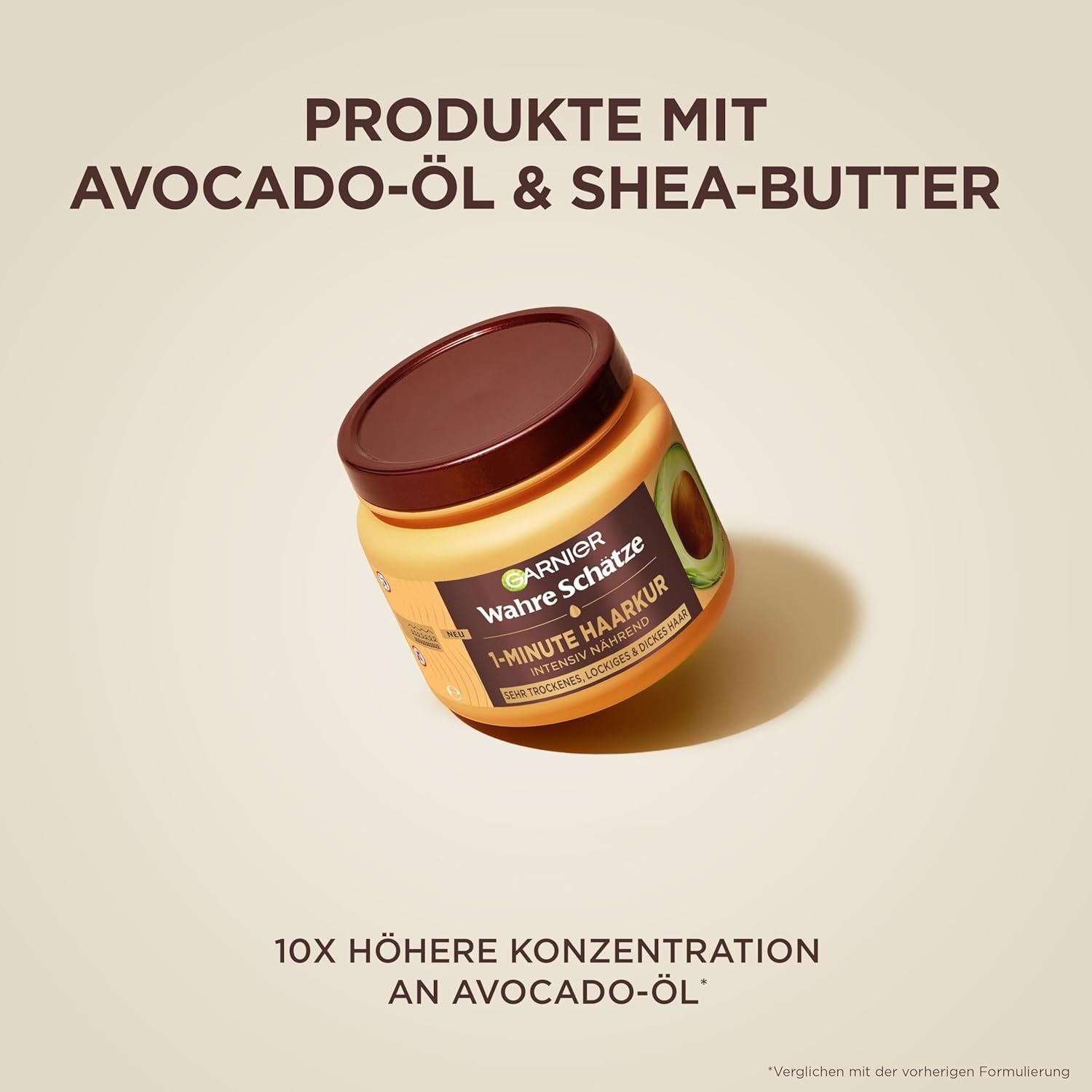 Gelbes Tiegel mit braunem Deckel. Aufschrift: Garnier Wahre Schätze 1-Minute Haarkur mit Avocado-Öl & Shea-Butter.