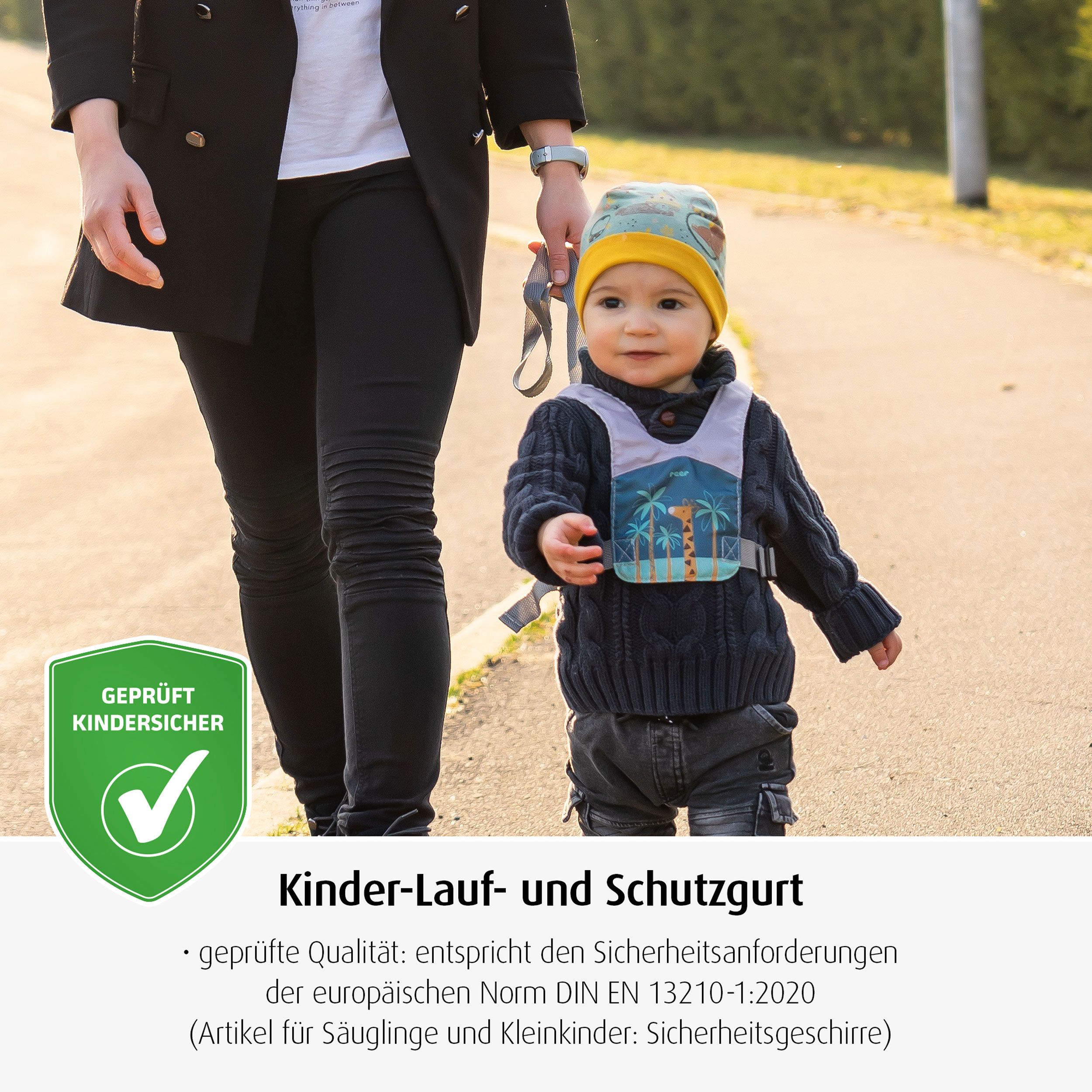 Kinder-Lauf- und Schutzgurt mit Giraffenmotiv, geprüft kindersicher.