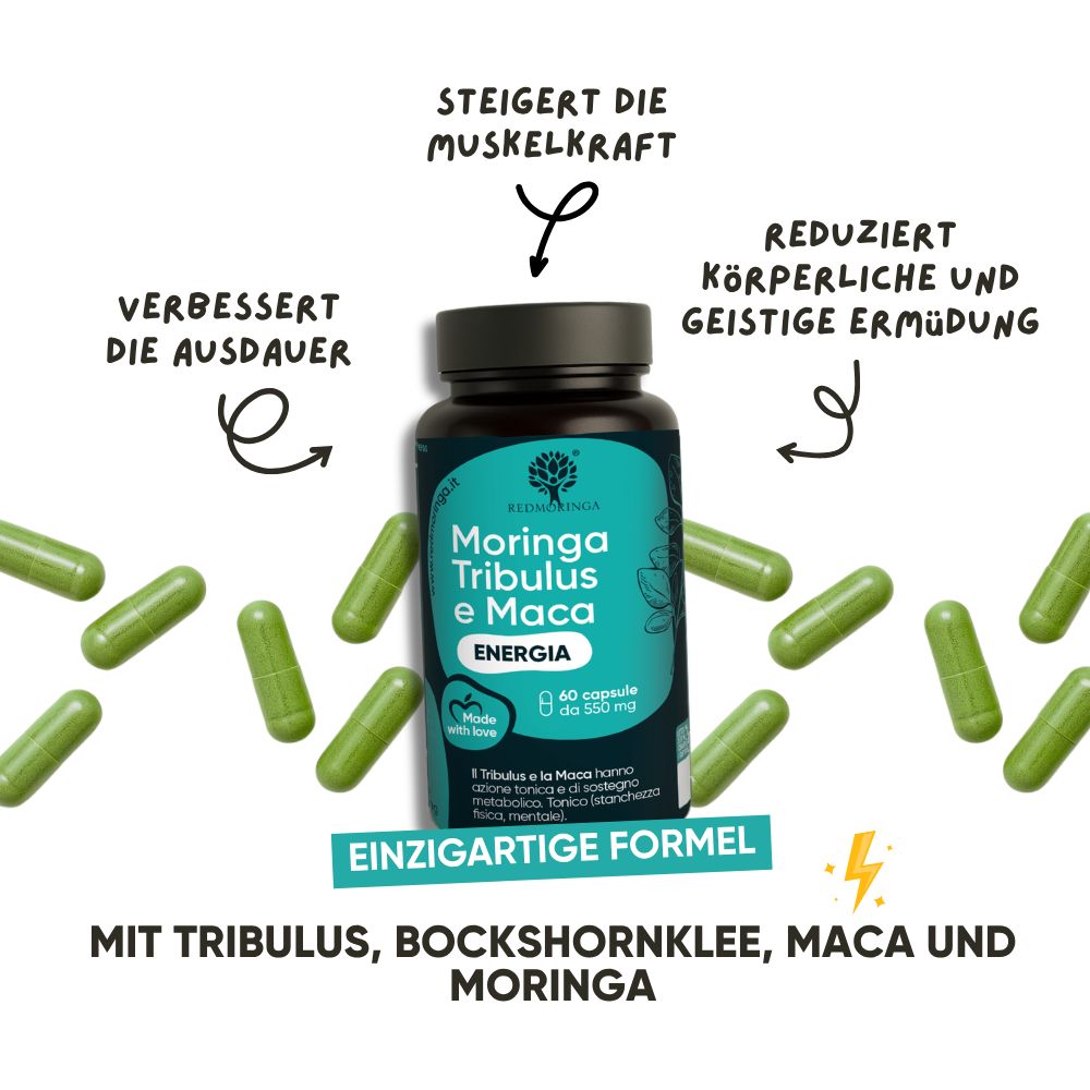 Grüne Kapseln und Flasche mit Produkt. Text: Moringa Tribulus e Maca Energia. 60 Kapseln.