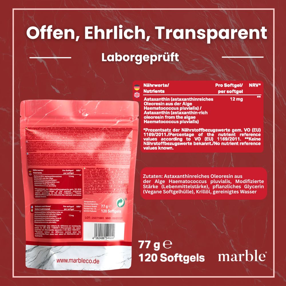 Rückseite eines rosa Beutels mit Softgels. Text: marble, 120 Softgels, 77 g. Nährwertangaben: 12 mg Astaxanthin pro Softgel. Zutatenliste.
