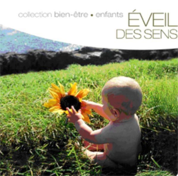 Ein Baby sitzt in Gras und hält eine Sonnenblume. Oben steht "Éveil des Sens".