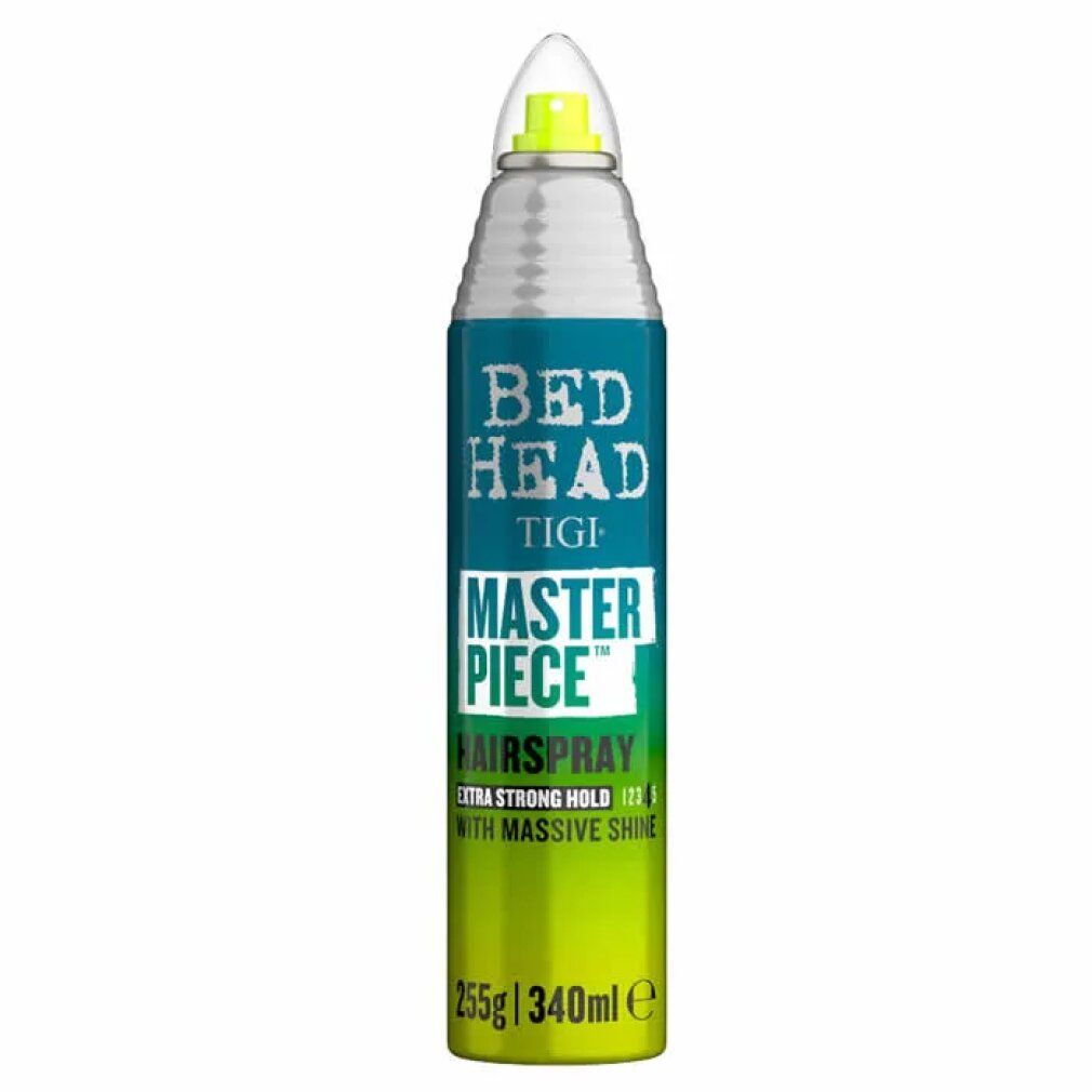 Haarspray-Flasche mit grün-blauem Design. Aufschrift: Bed Head Tigi Masterpiece. Extra starker Halt. 255g/340ml.