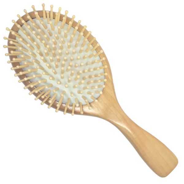 Holzbürste mit ovalem Kopf und vielen Holzzinken. Ergonomischer Holzgriff.
