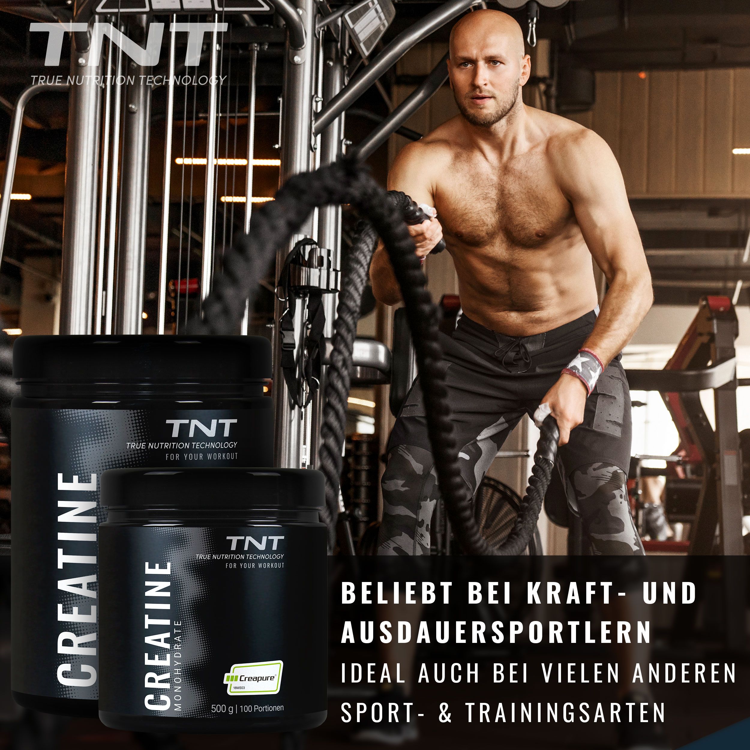 Mann trainiert mit Seil. Zwei Dosen TNT Creatine Monohydrate Creapure®. Text: Beliebt bei Kraft- und Ausdauersportlern.