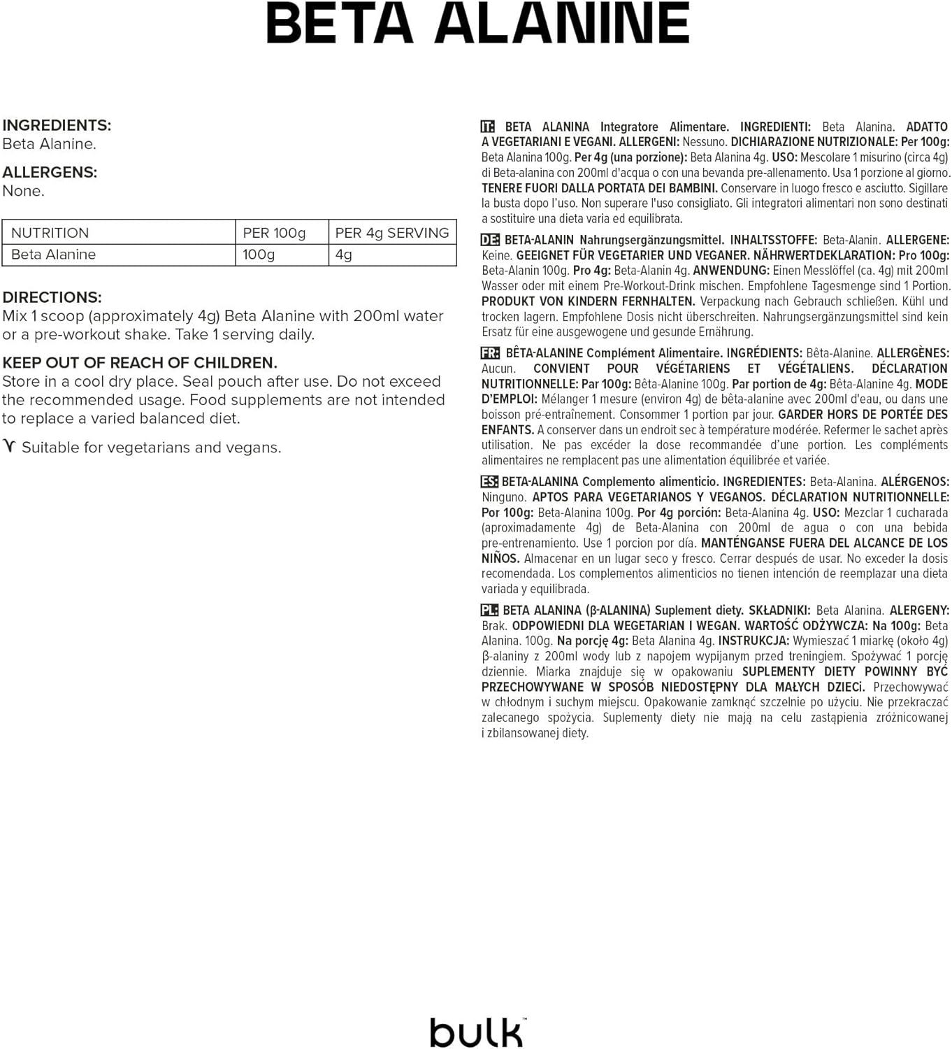 Text auf weißem Hintergrund. Enthält Informationen zu Inhaltsstoffen, Allergenen, Nährwertangaben und Anwendung von Beta Alanin.