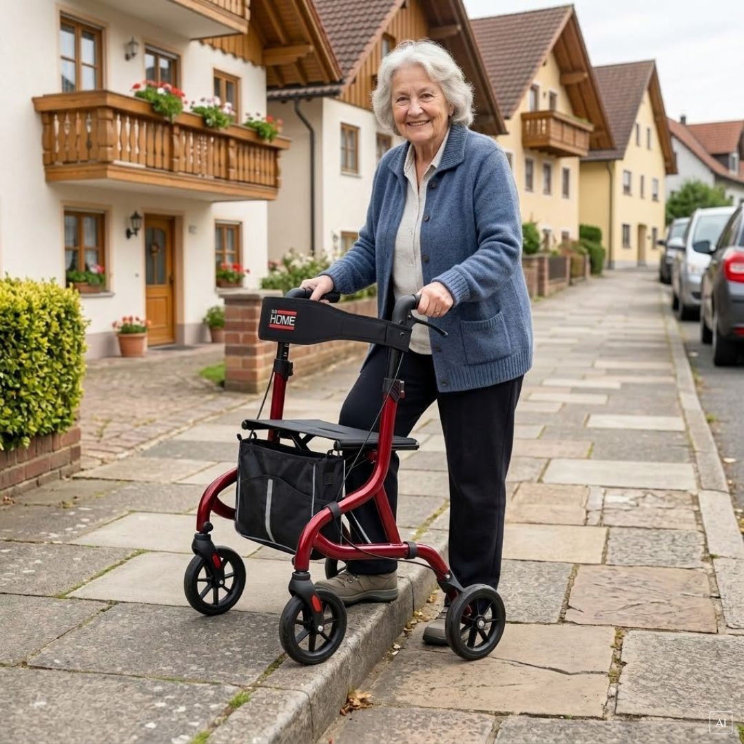 Detailansicht des Sitzes und der Tasche eines roten Leichtgewicht-Rollators.
