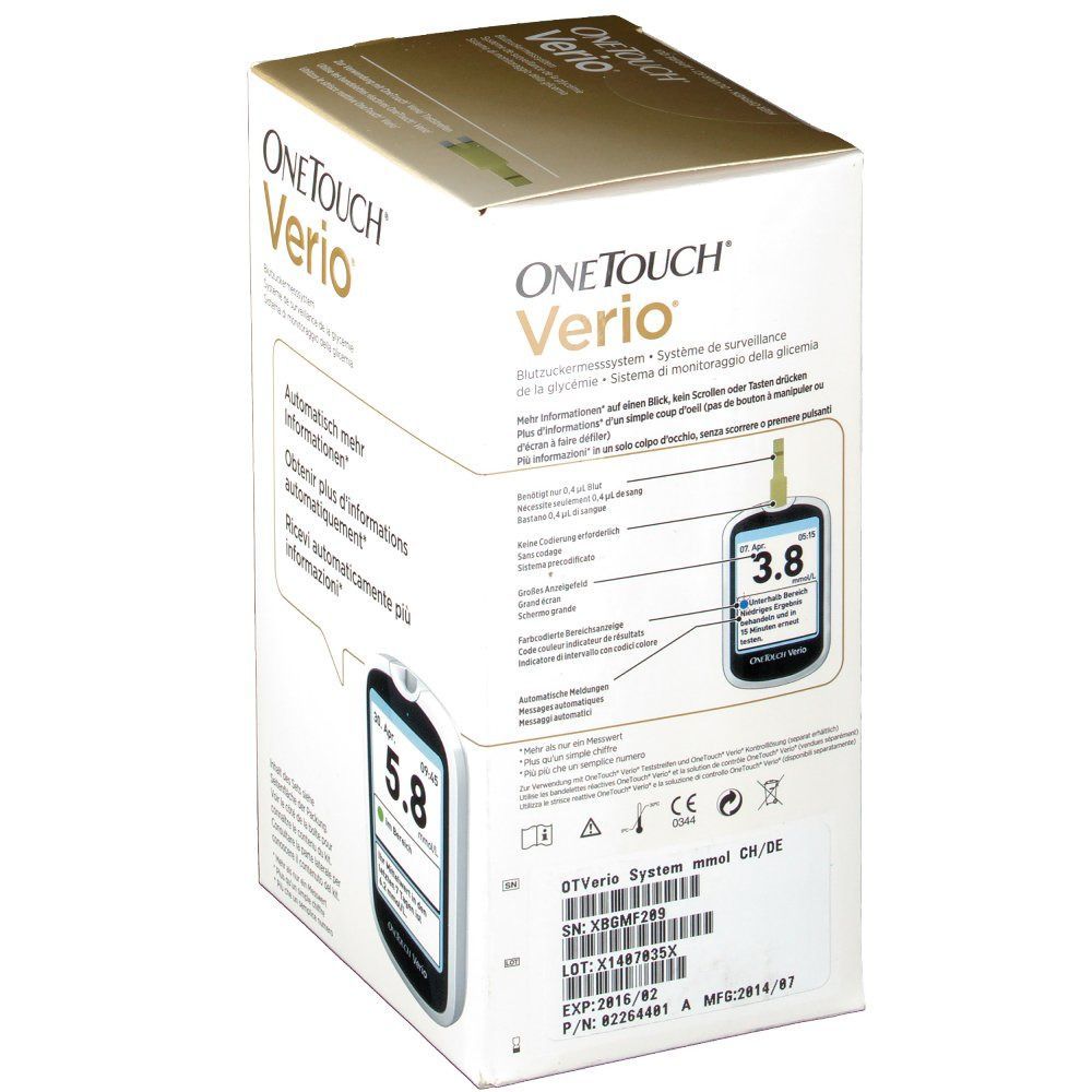 Verpackung von OneTouch Verio. Aufdrucke: Produktname, Bedienungsanleitung, Blutzuckermessgerät-Abbildung mit Wert 3.8, Chargennummer, Verfallsdatum.