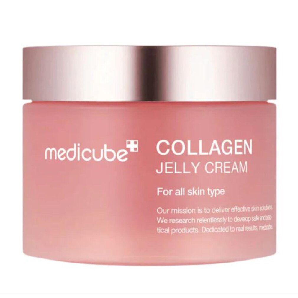 Rosa Tiegel MEDICUBE Collagen Jelly Cream. Text: For all skin type. Mission: deliver effective skin solutions.
