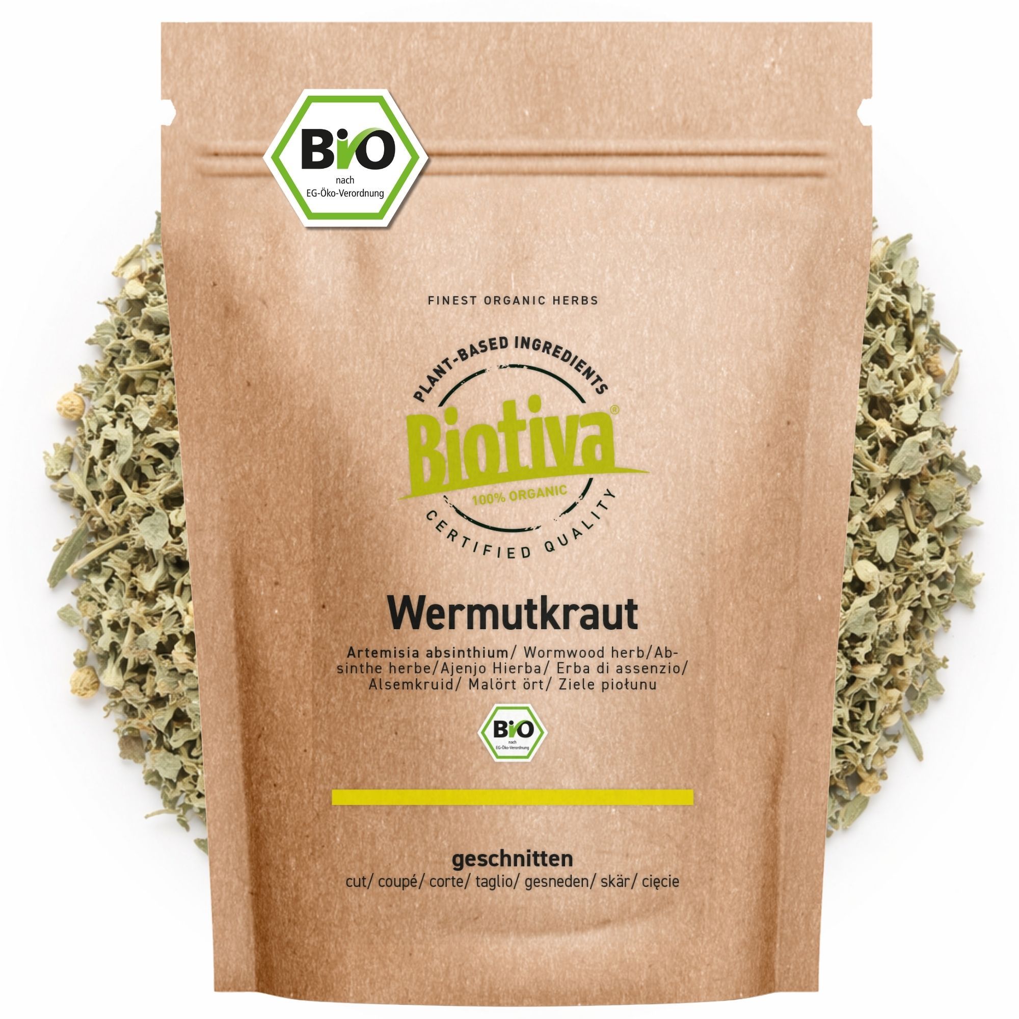 Braune Papierverpackung mit Text: Wermutkraut, Biotiva, Bio-Siegel. Umgeben von zerkleinertem Kraut. Text: geschnitten.