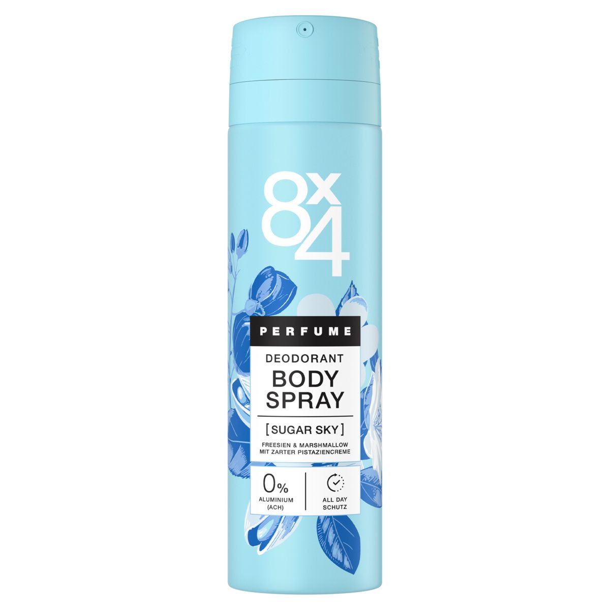 Ein 8x4 Body Spray in Himmelblau mit floralem Muster. "Sugar Sky" Duft. 0% Aluminium.