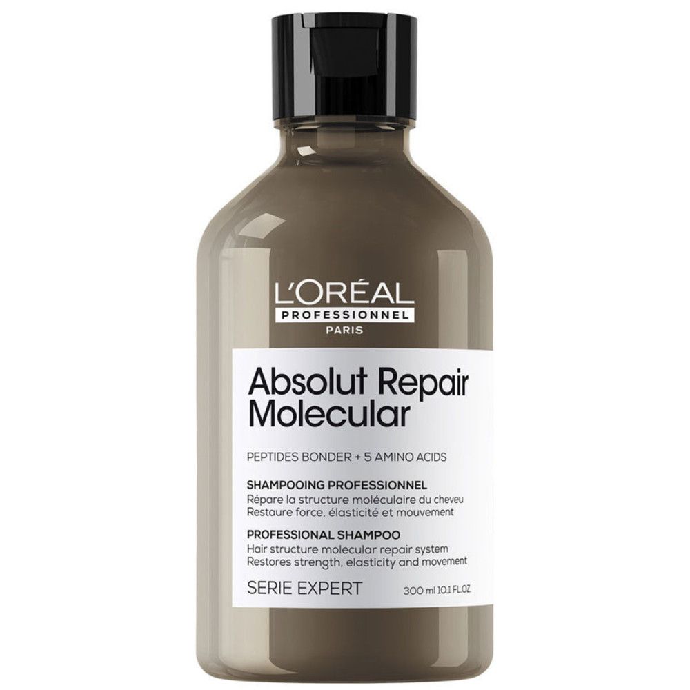 Graue Shampoo-Flasche mit schwarzem Deckel. Aufschrift: L'Oréal Professionnel, Absolut Repair Molecular, Serie Expert.
