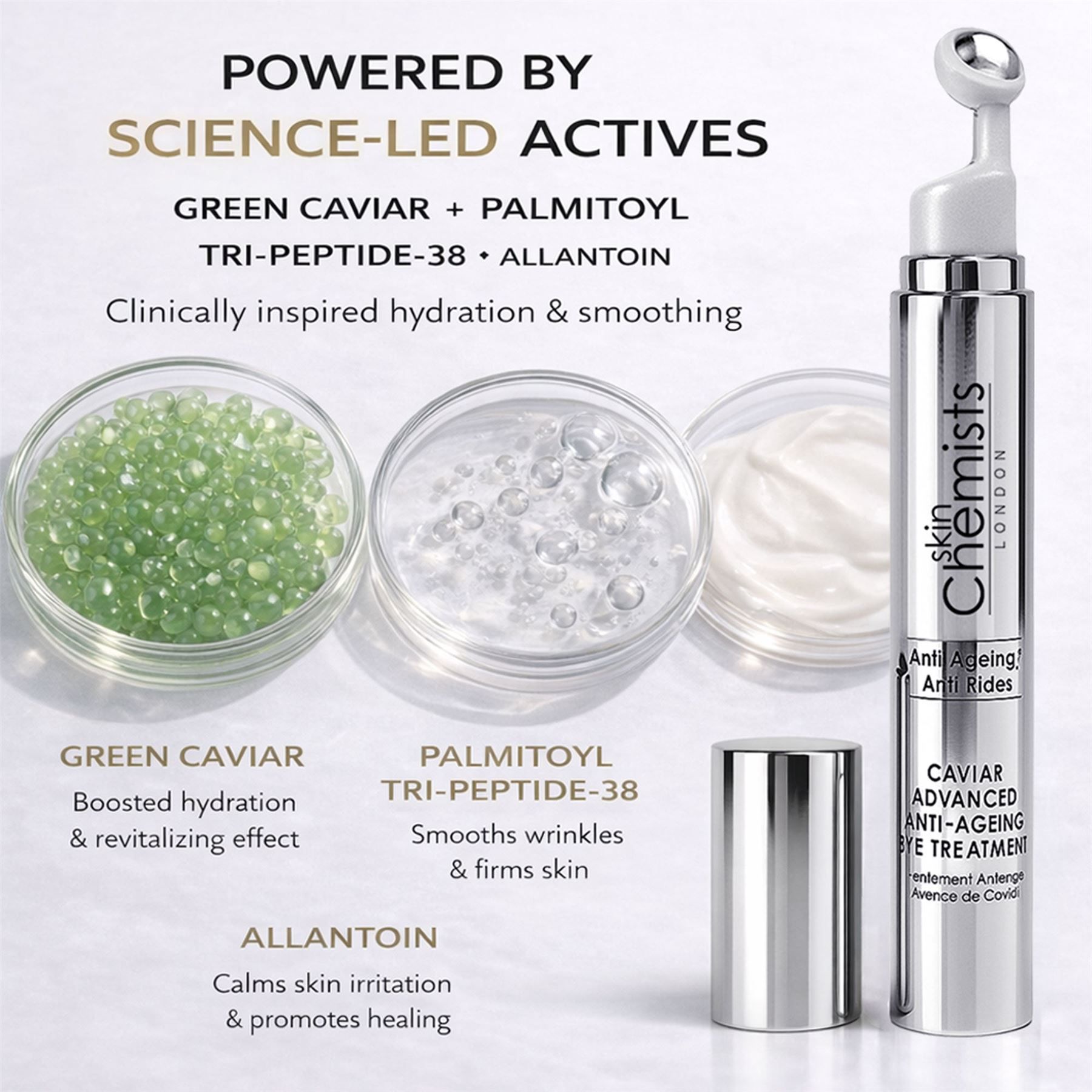 SkinChemists Augenpflege-Serum mit Inhaltsstoffen: grüner Kaviar, Peptid.