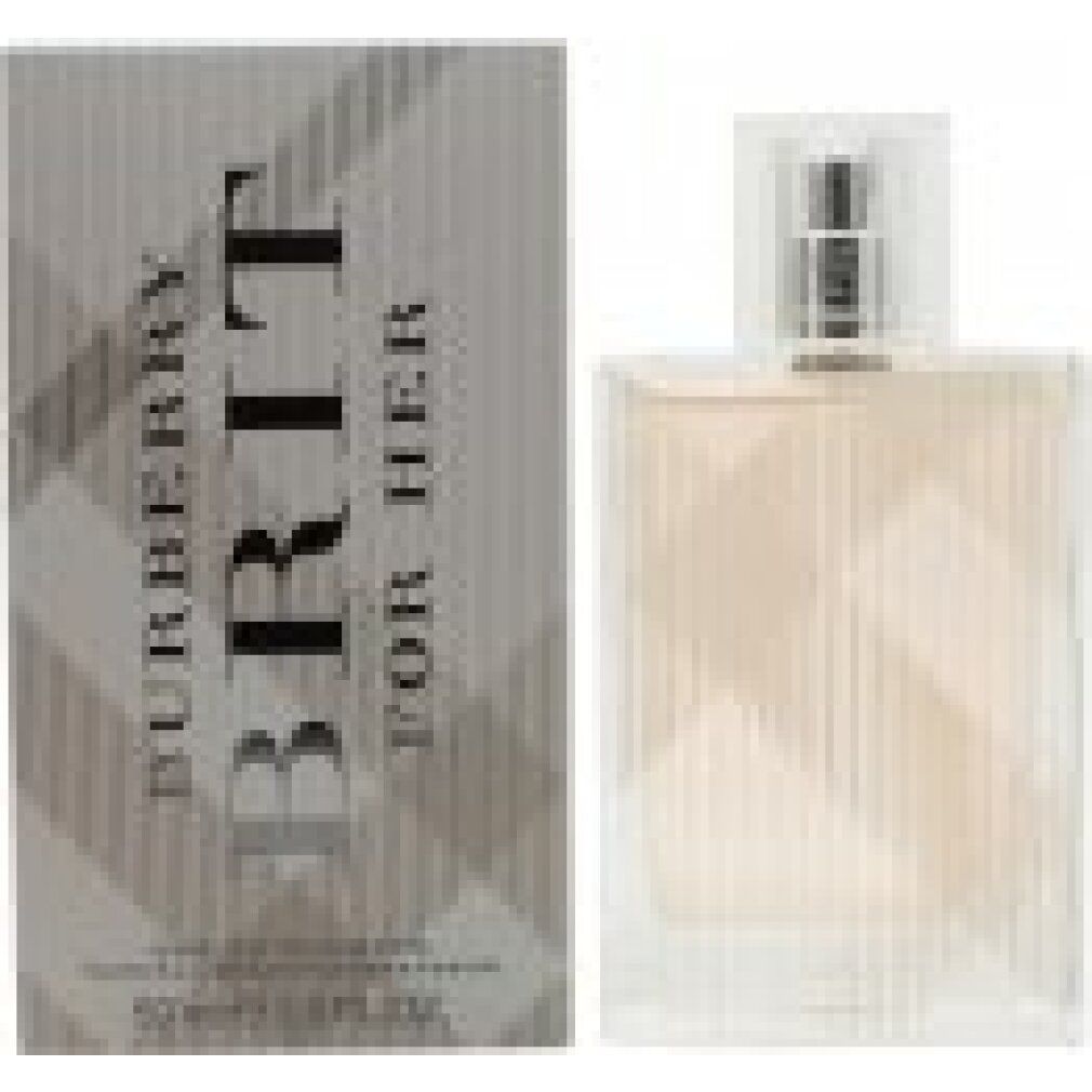 Parfümflasche und Schachtel. Aufschrift: Burberry Brit for Her. Eau de Toilette. 50ml. Hellgraue Verpackung mit Karomuster.